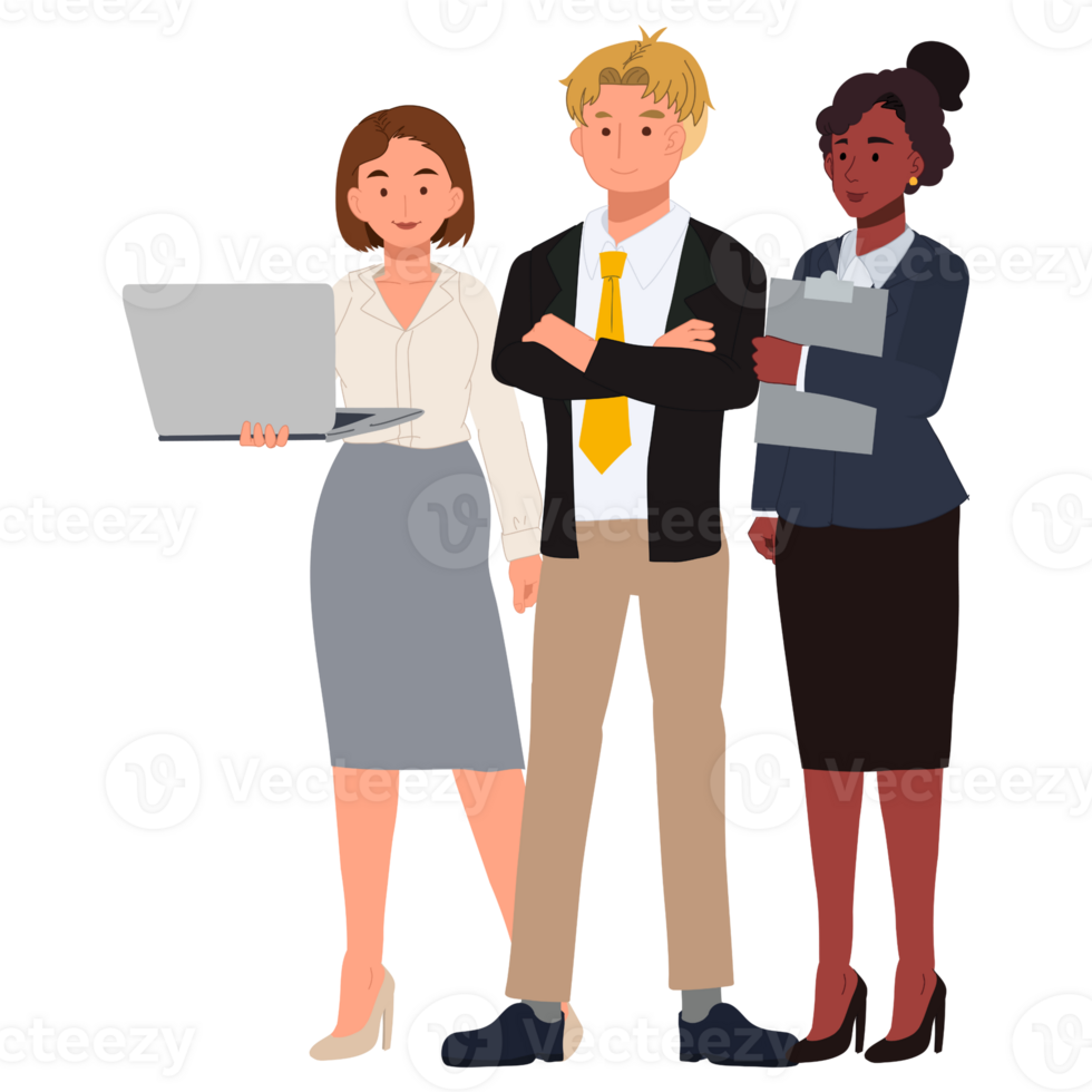 Three business people standing together with a laptop png