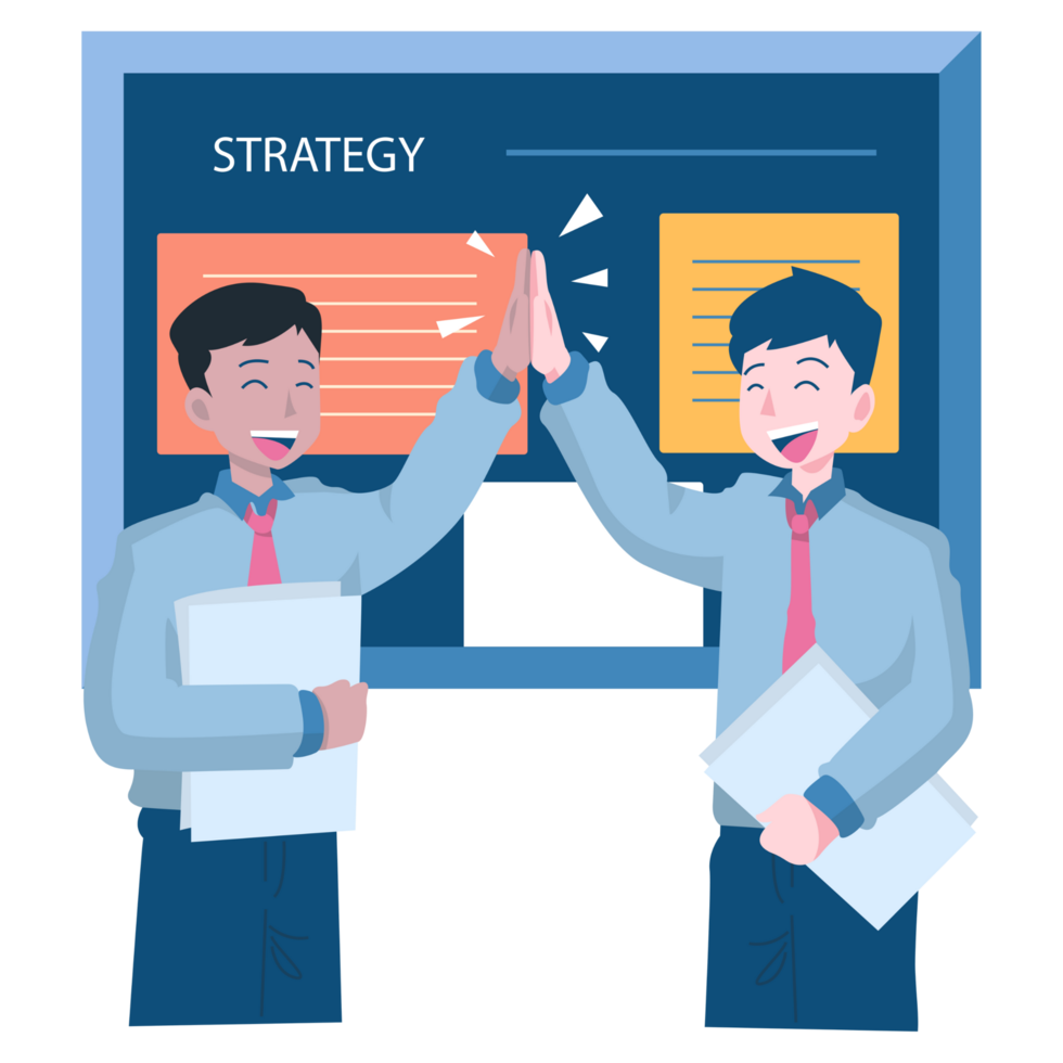 Two business people giving high five to each other with strategy on the board png