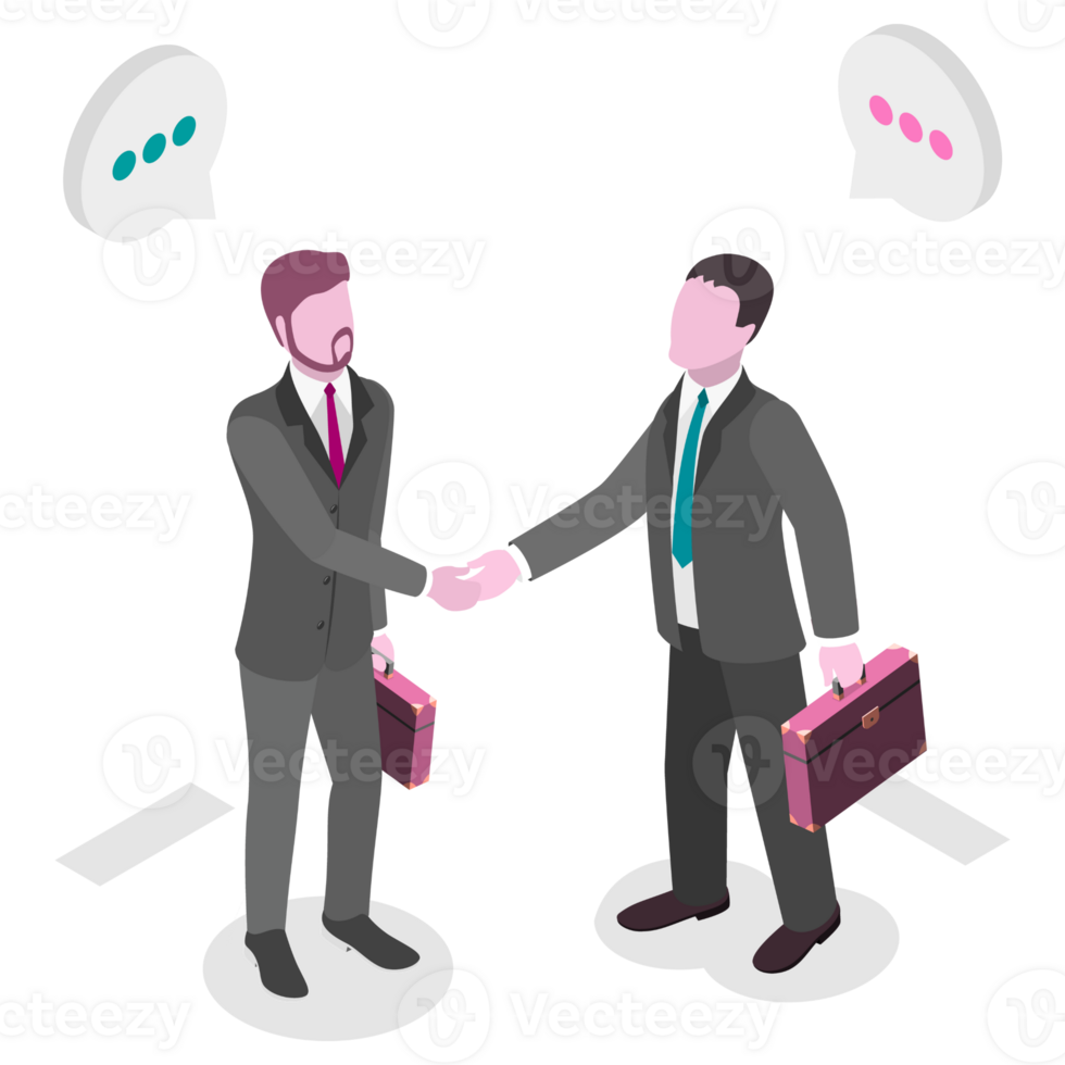 Two businessmen shaking hands with speech bubbles above them png