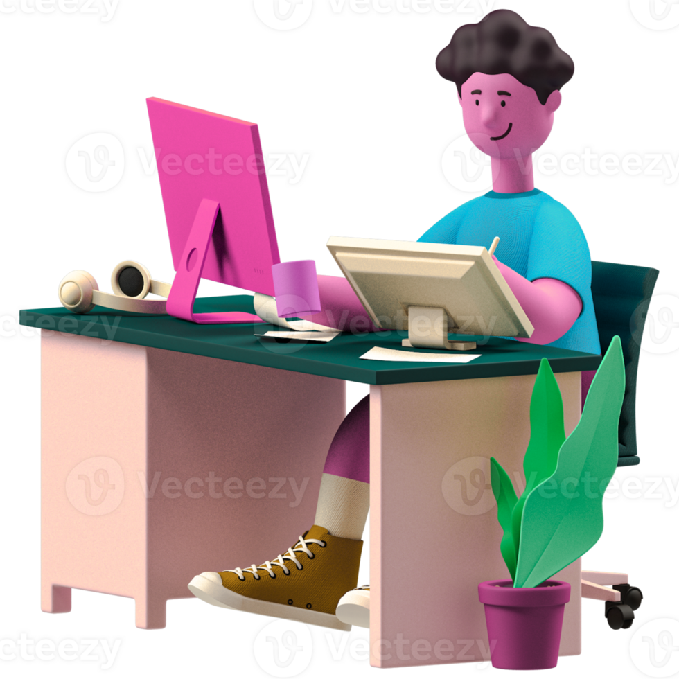A cartoon man sitting at a desk with a computer png