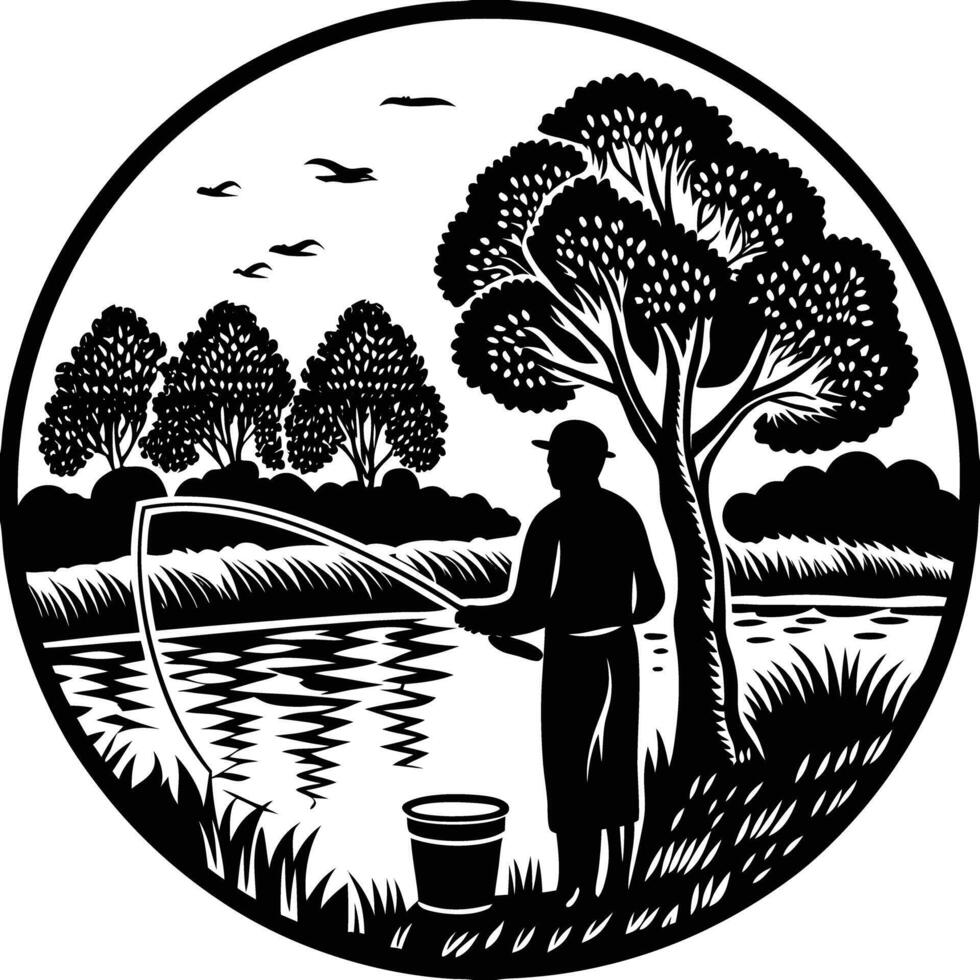 A black and white image of a man fishing in a circle vector