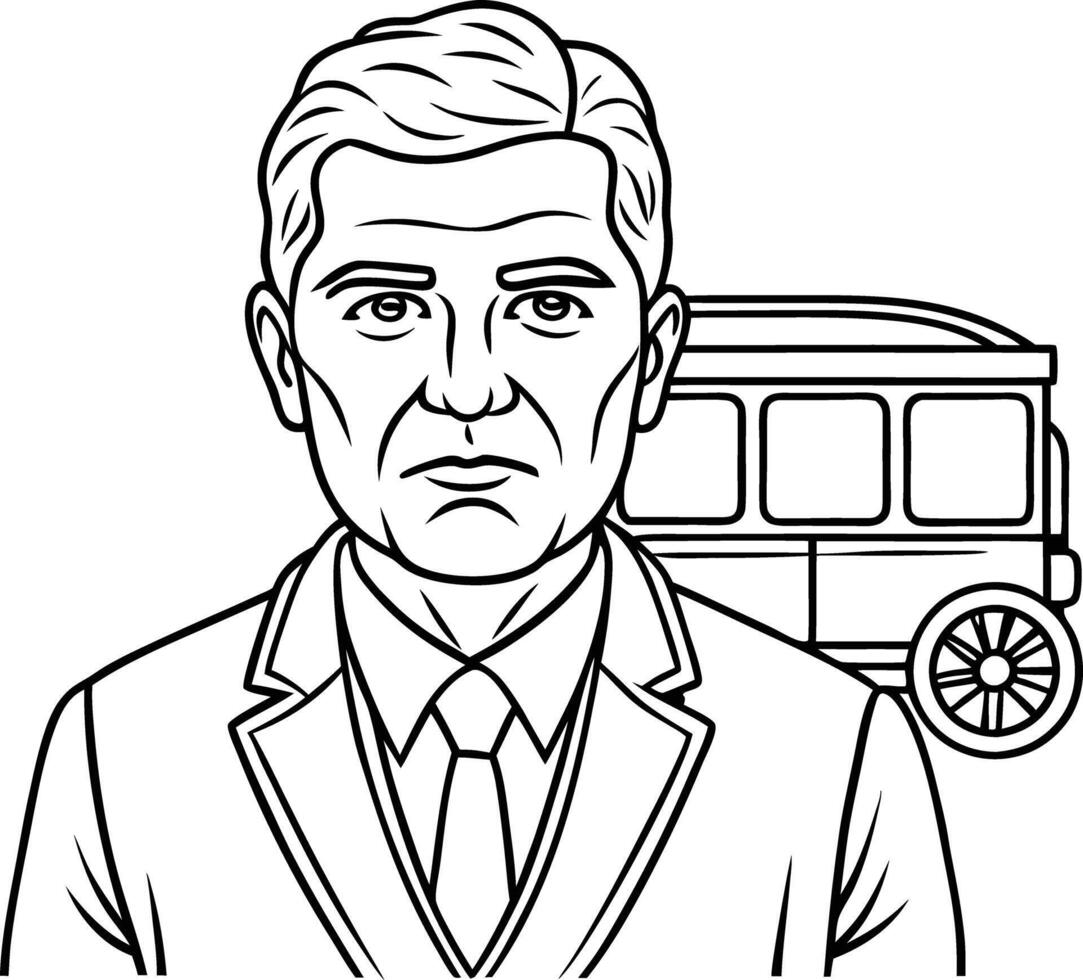 A man in a suit and tie is standing next to a bus vector
