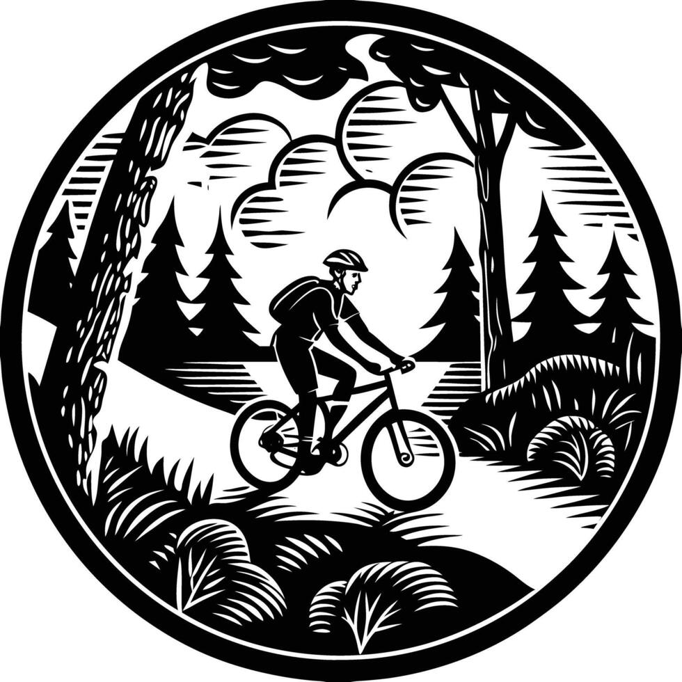 A man riding a bike in the woods vector