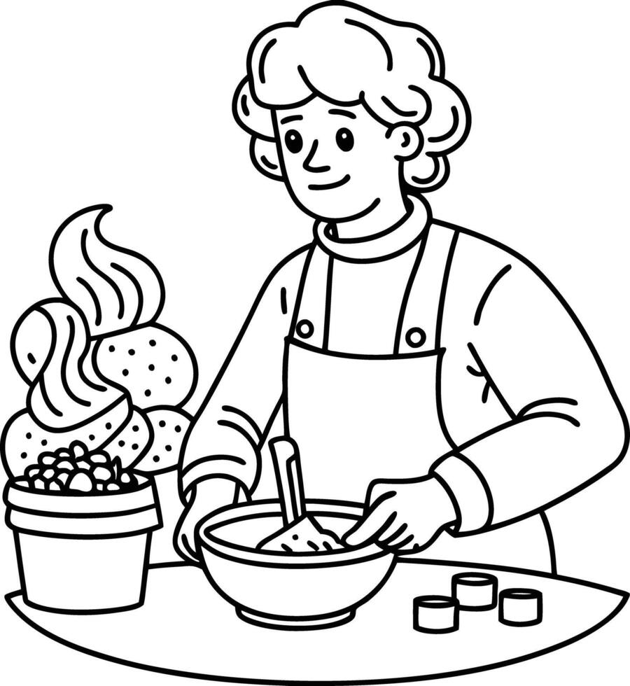 A woman making a cake coloring page vector