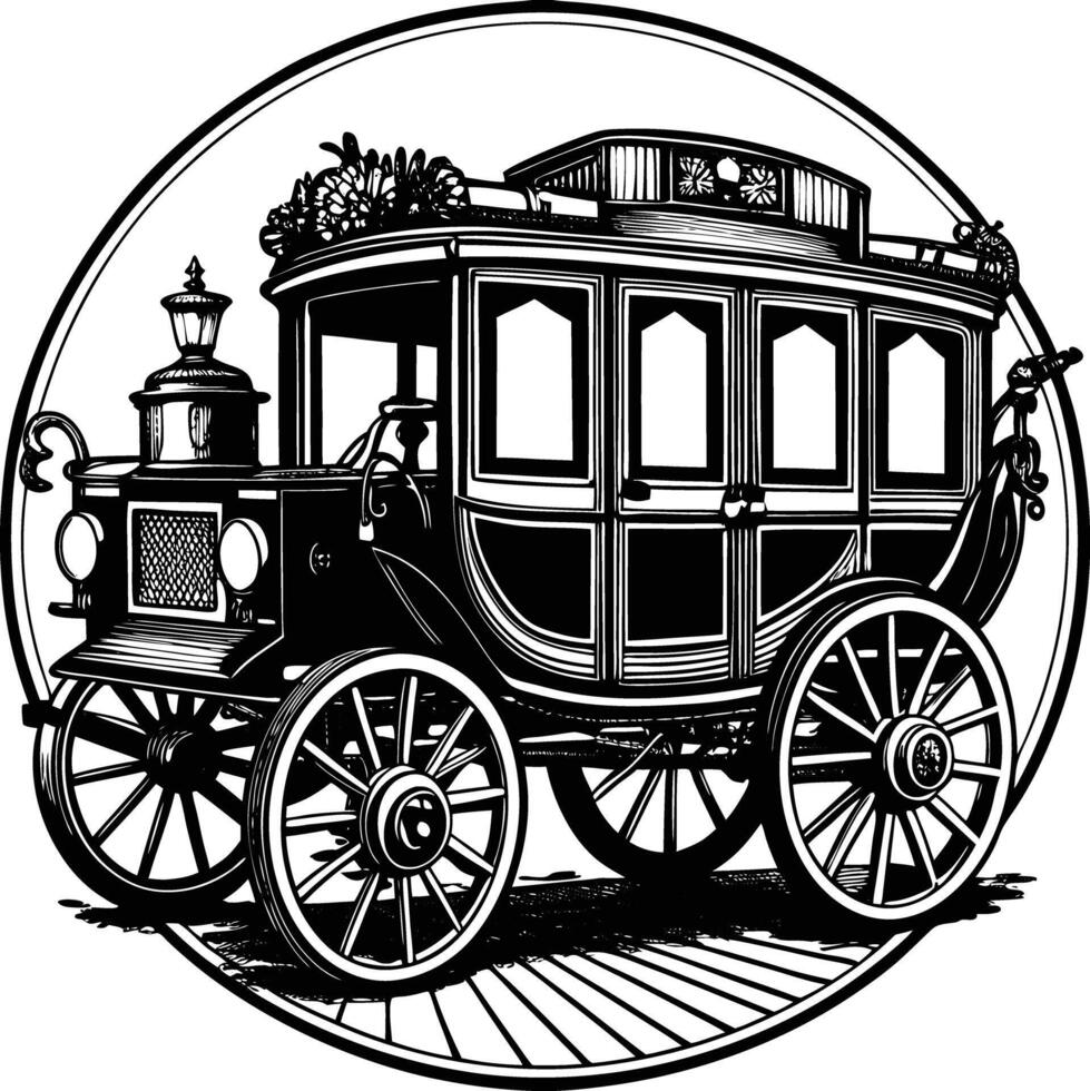 An old fashioned horse and carriage is shown in black and white vector