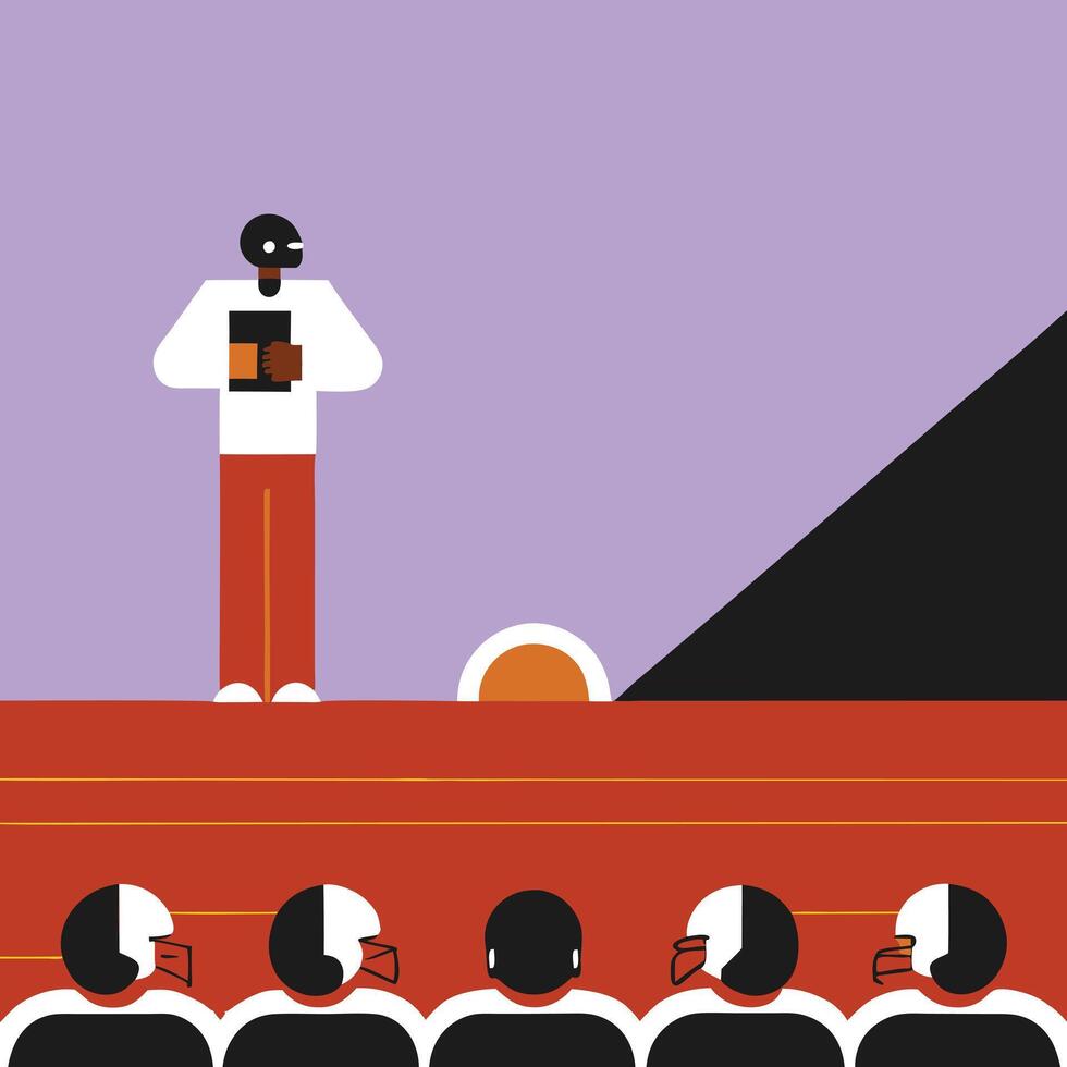An illustration of a man standing on a stage with a group of people vector