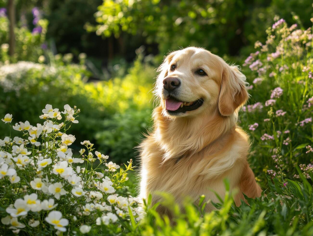 fluffy golden retriever puppy sitting in vibrant garden filled with flowers, exuding joy and playfulness. lush greenery and colorful blooms create serene atmosphere photo