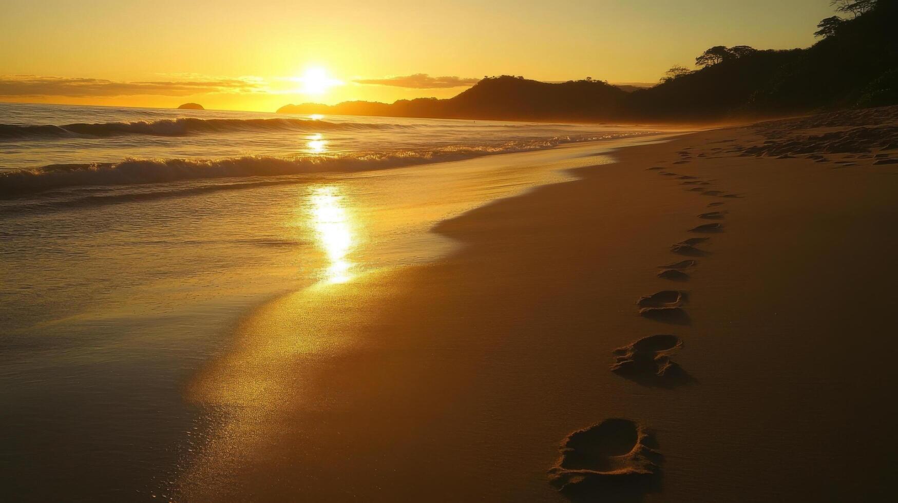 serene beach at sunset with soft waves and golden reflections, footprints in sand create tranquil atmosphere. scene evokes peace and relaxation photo