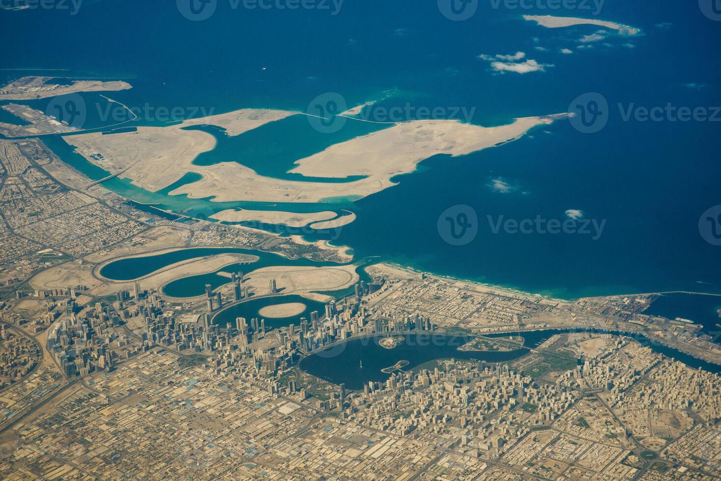 Aerial view of Dubai Palm Jumeirah island, United Arab Emirates photo
