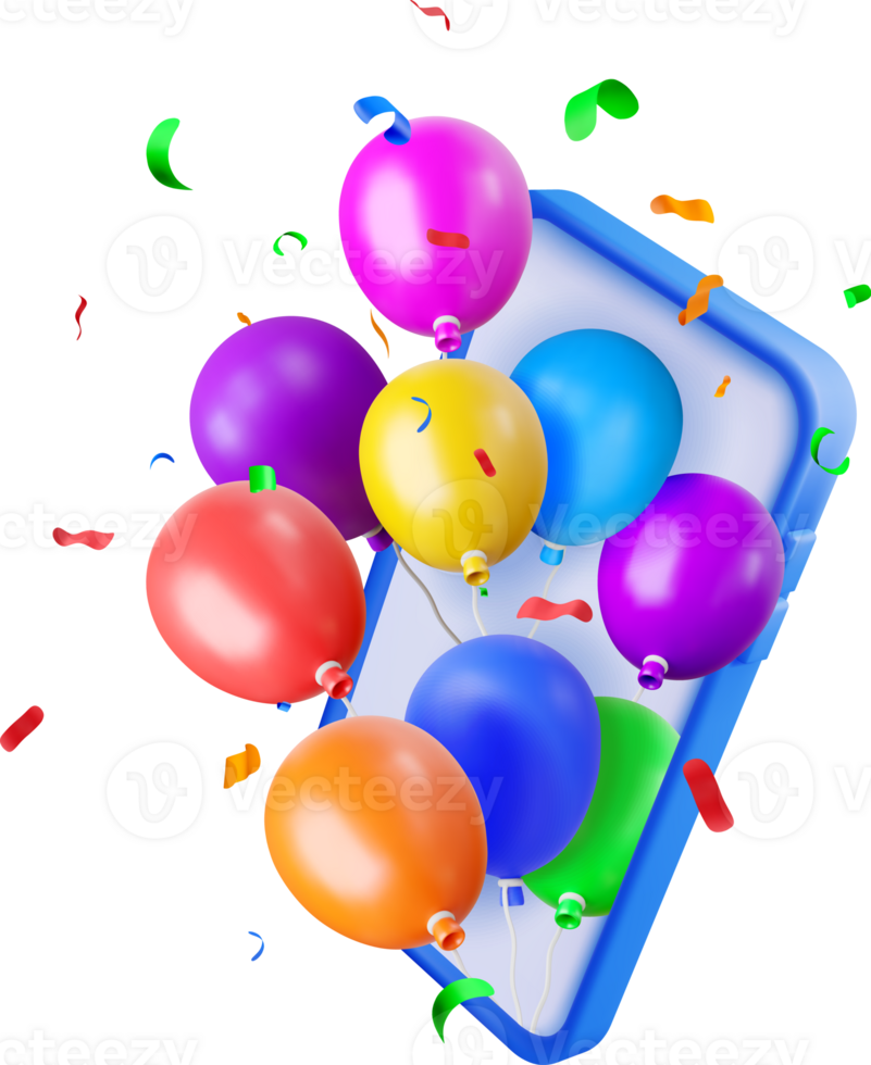 3D smartphone with bunch of balloons flying png
