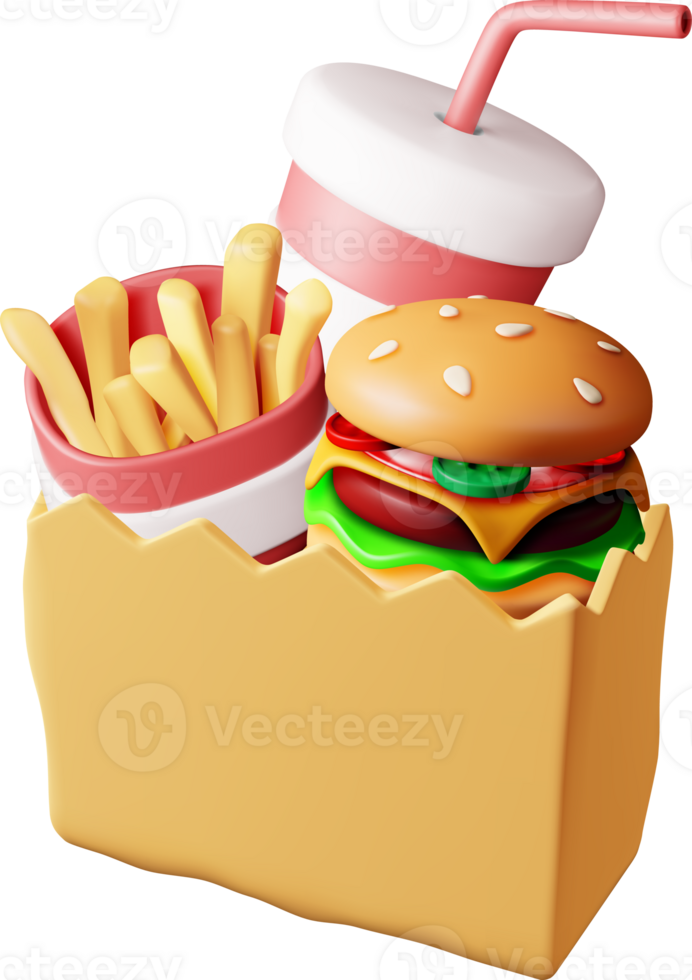 3D cola with fries and cheeseburger in paper bag png