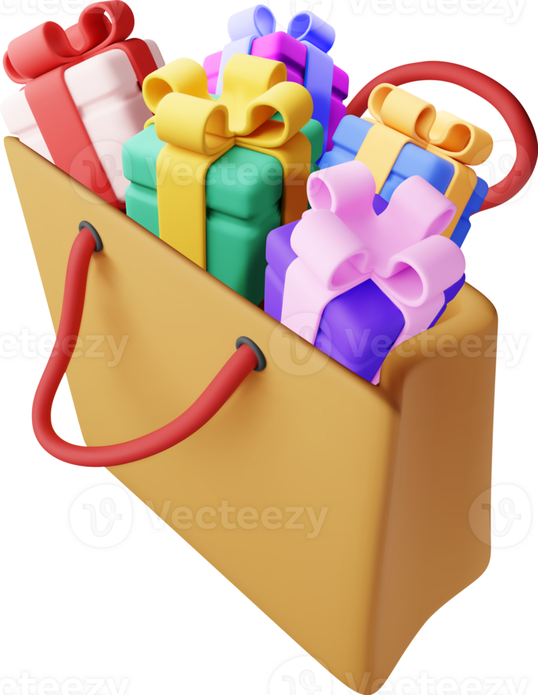 3D shopping bag with gift boxes png