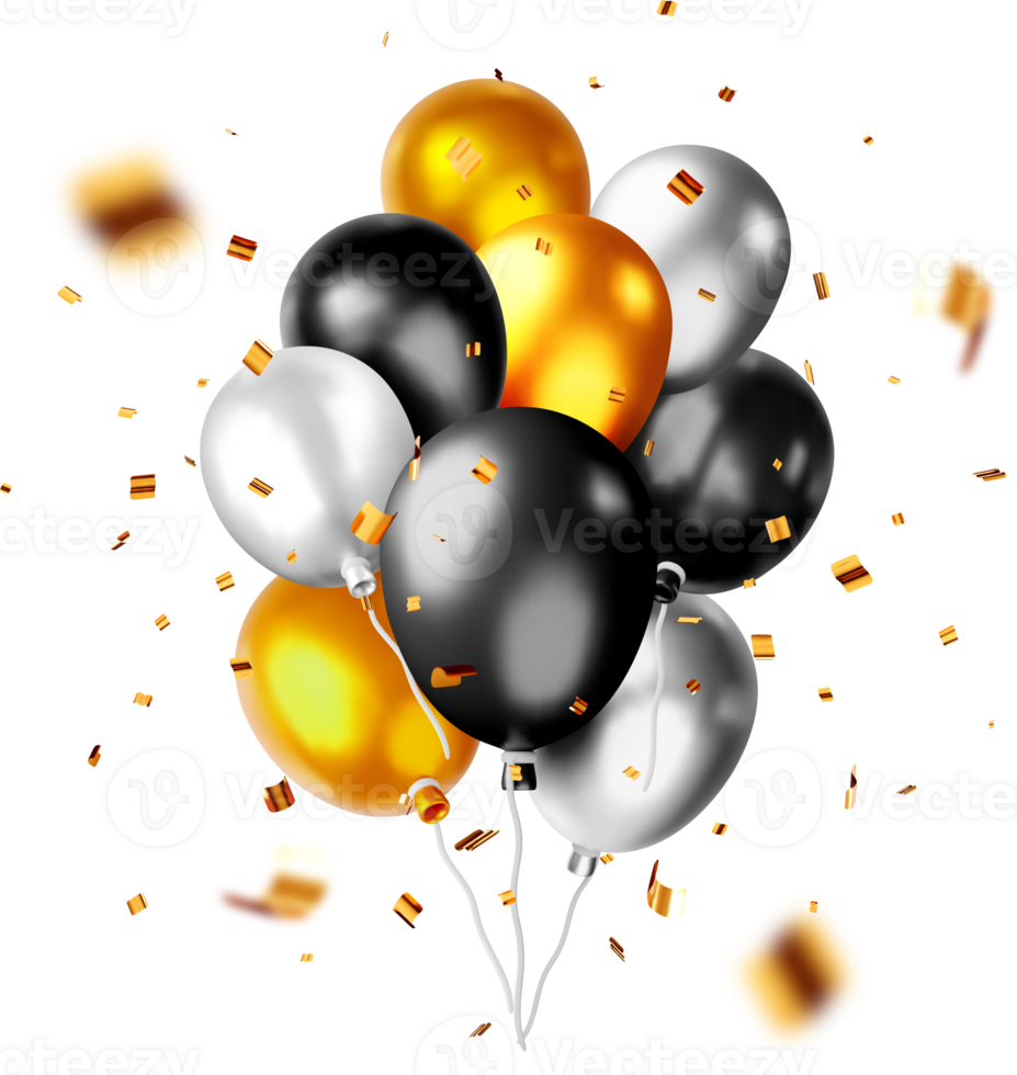 3D Bunch of Metallic Balloon in Golden Confetti png