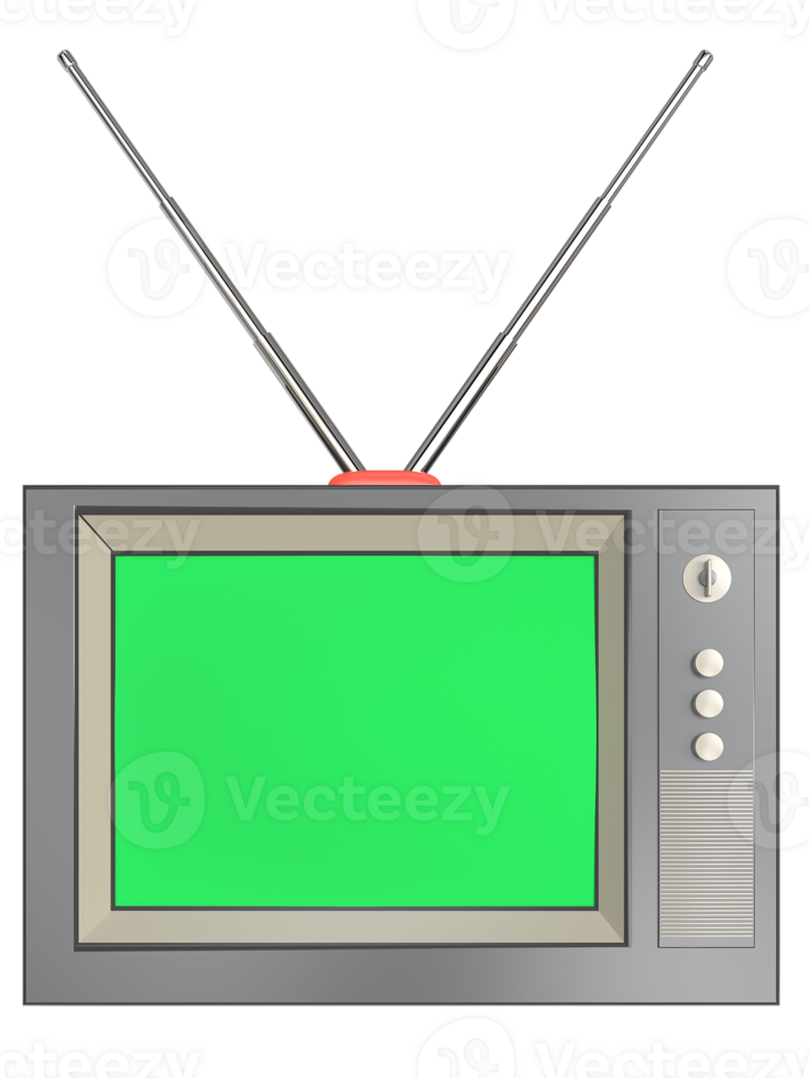 Retro vintage 3D old Television rendering and green screen on monitor png