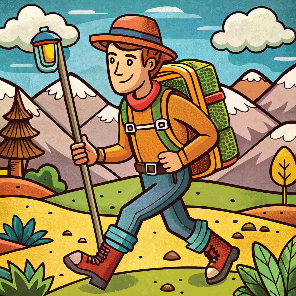 A cartoon man with a backpack and a lantern is walking through the mountains vector
