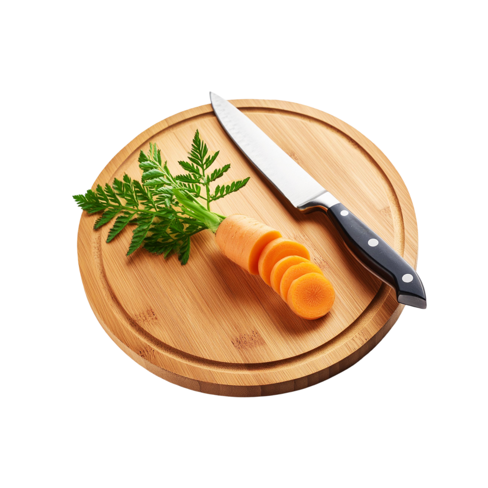 Carrot slices with wooden chopping board and knife on transparent background png