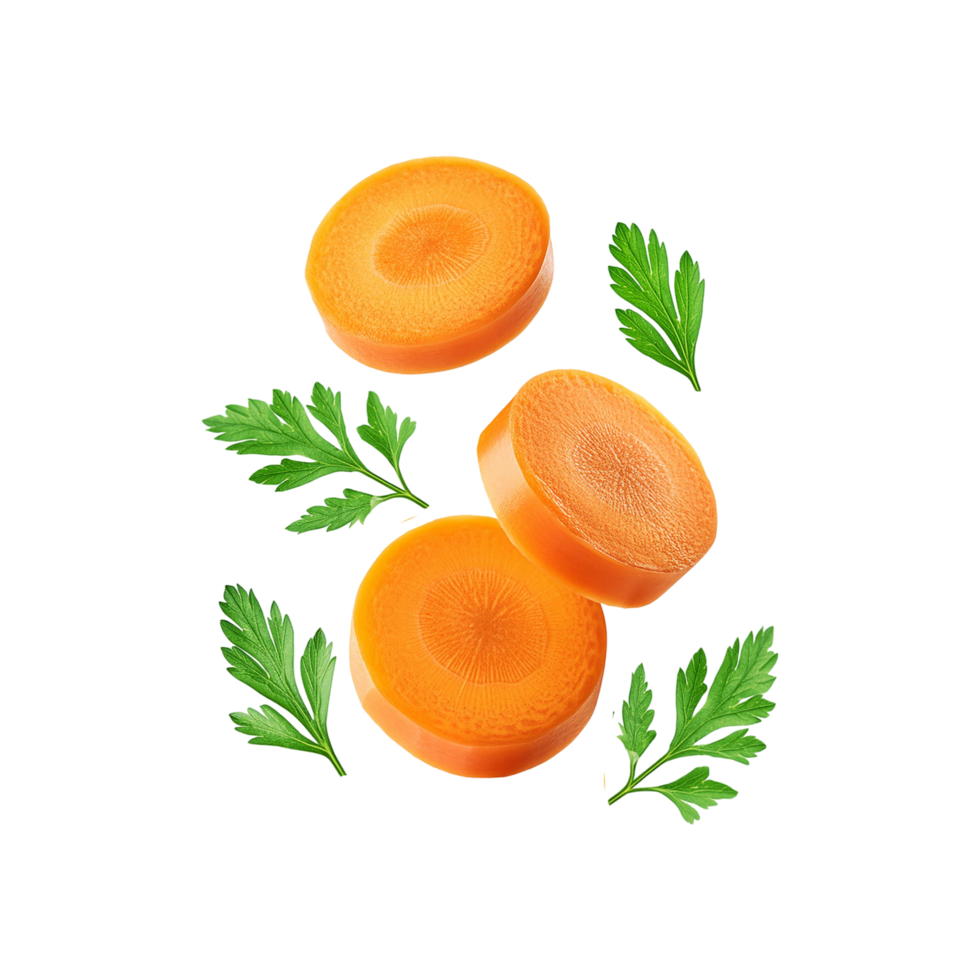 Falling fresh carrot slices with green leaf on transparent background png