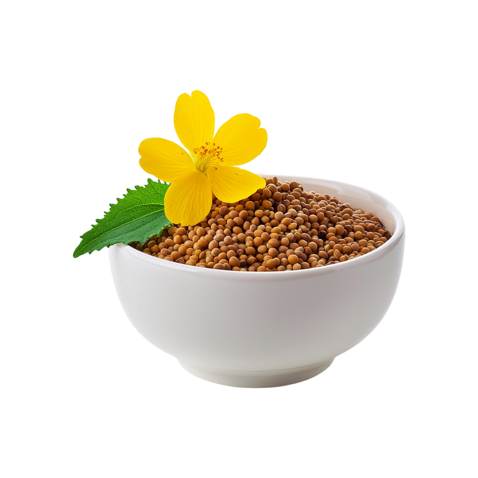 Mustard seeds bowl with flower on transparent background png