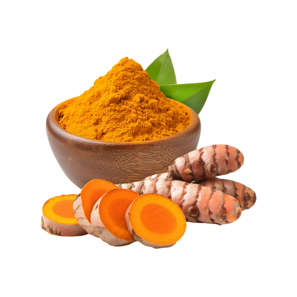 Bowl of turmeric powder with slices on transparent background png