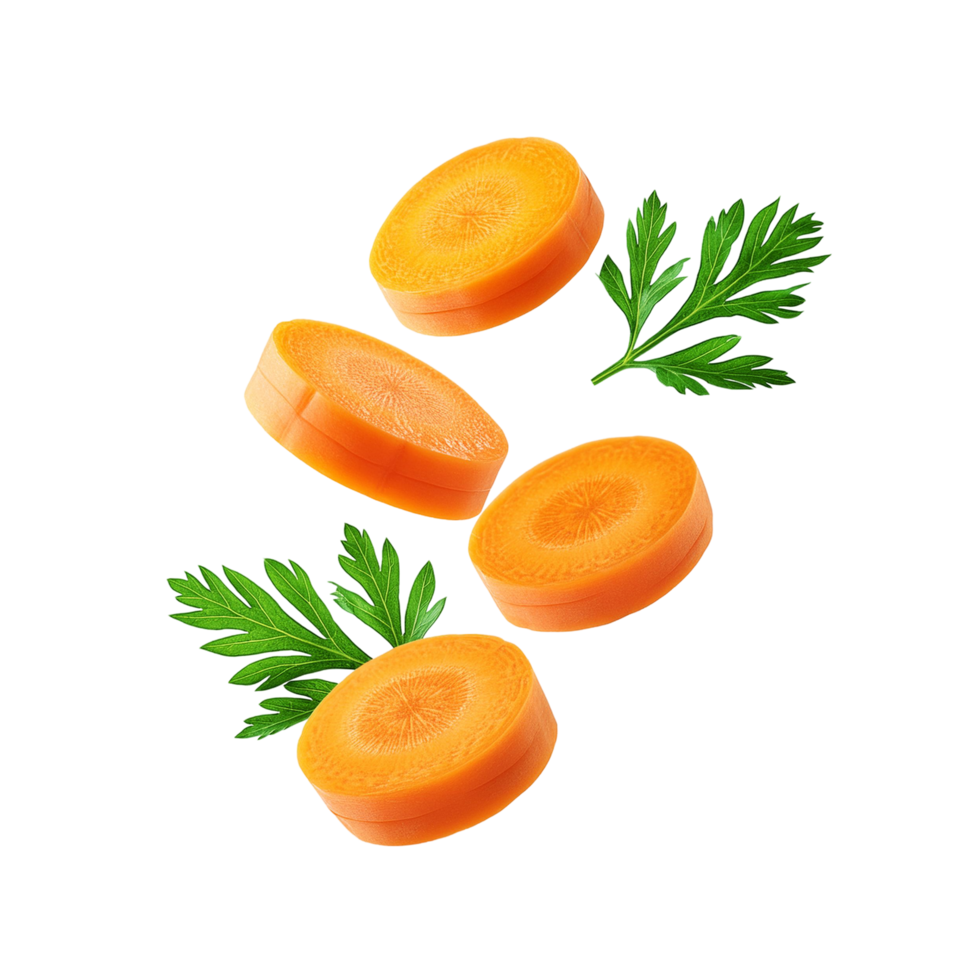 Falling fresh carrot slices with leaf on transparent background png