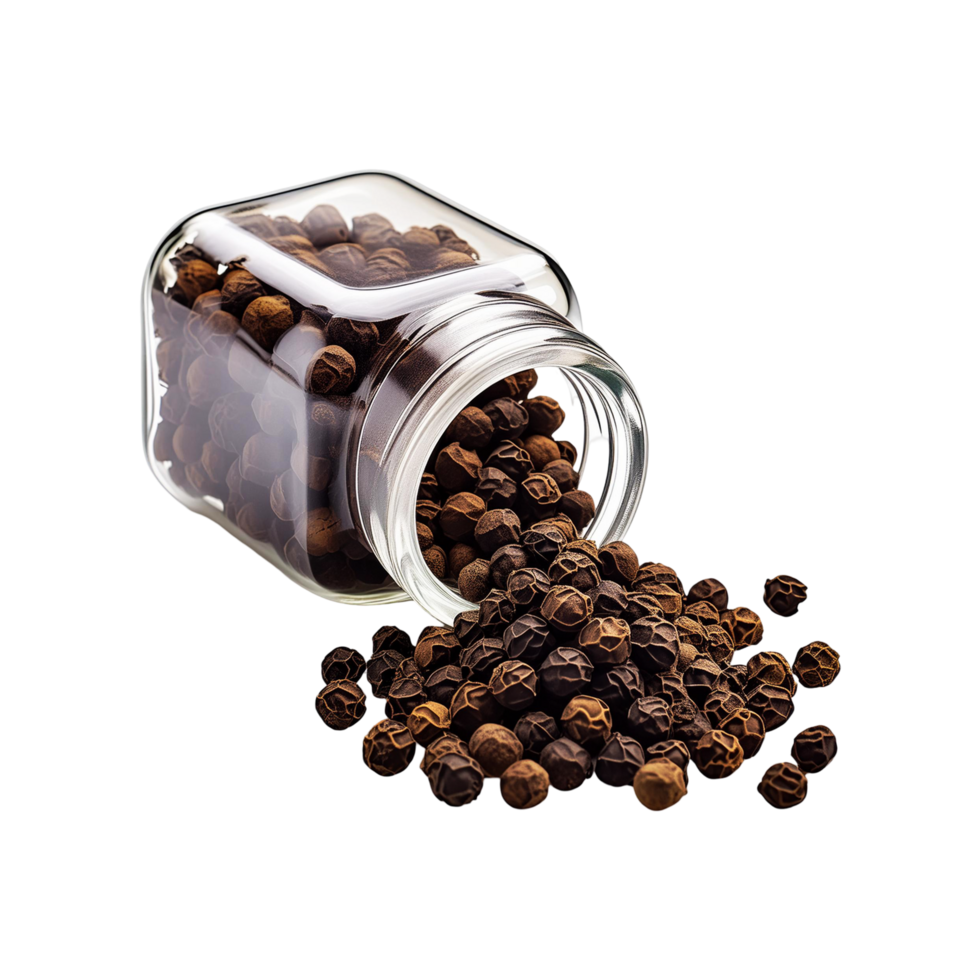 Black pepper fall from a fallen glass jar on transparent background png