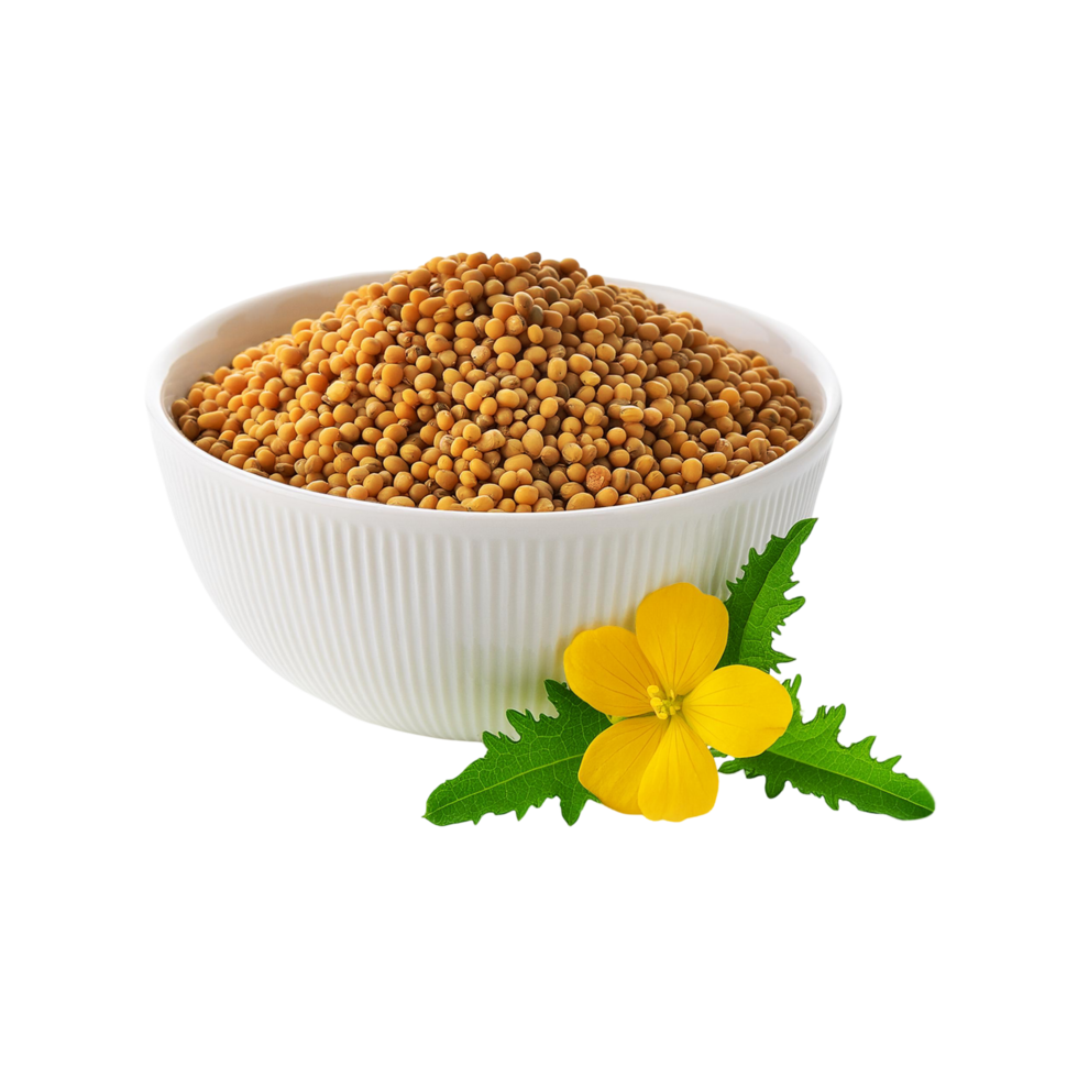 Mustard seeds bowl with flower and leaf on transparent background png