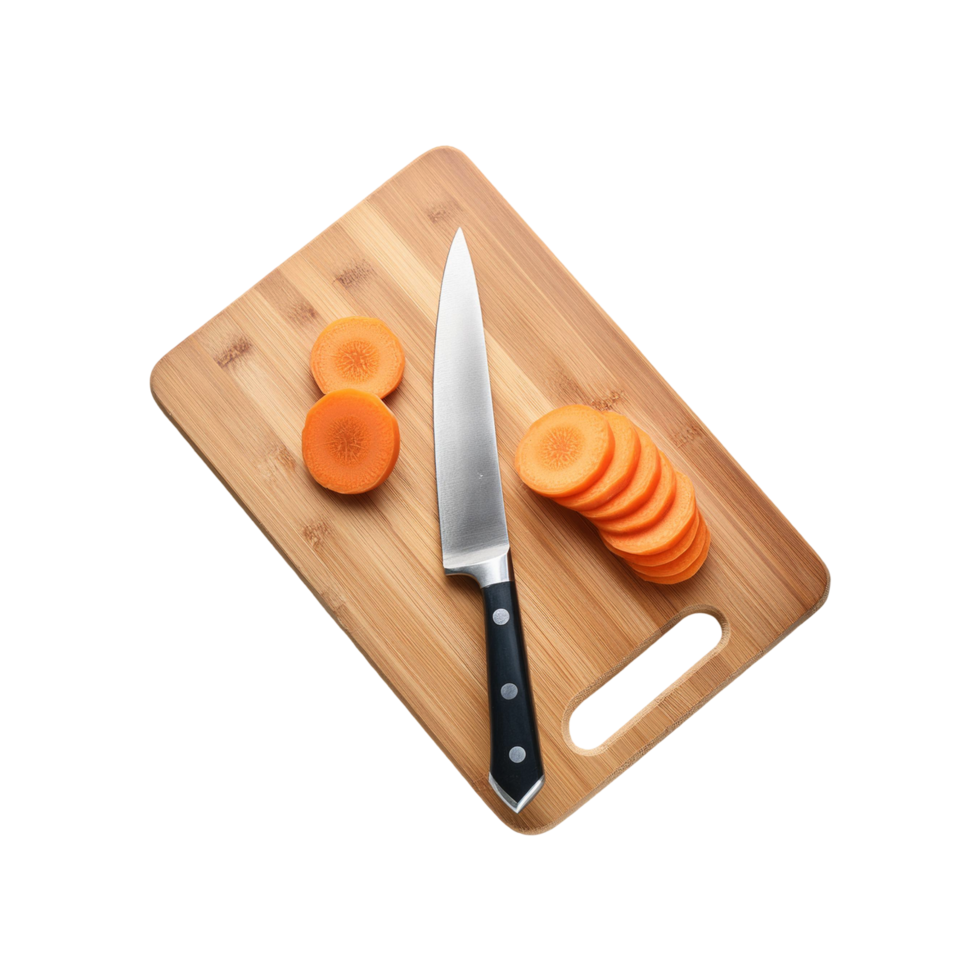 Fresh Carrot slices with chopping board on transparent background png