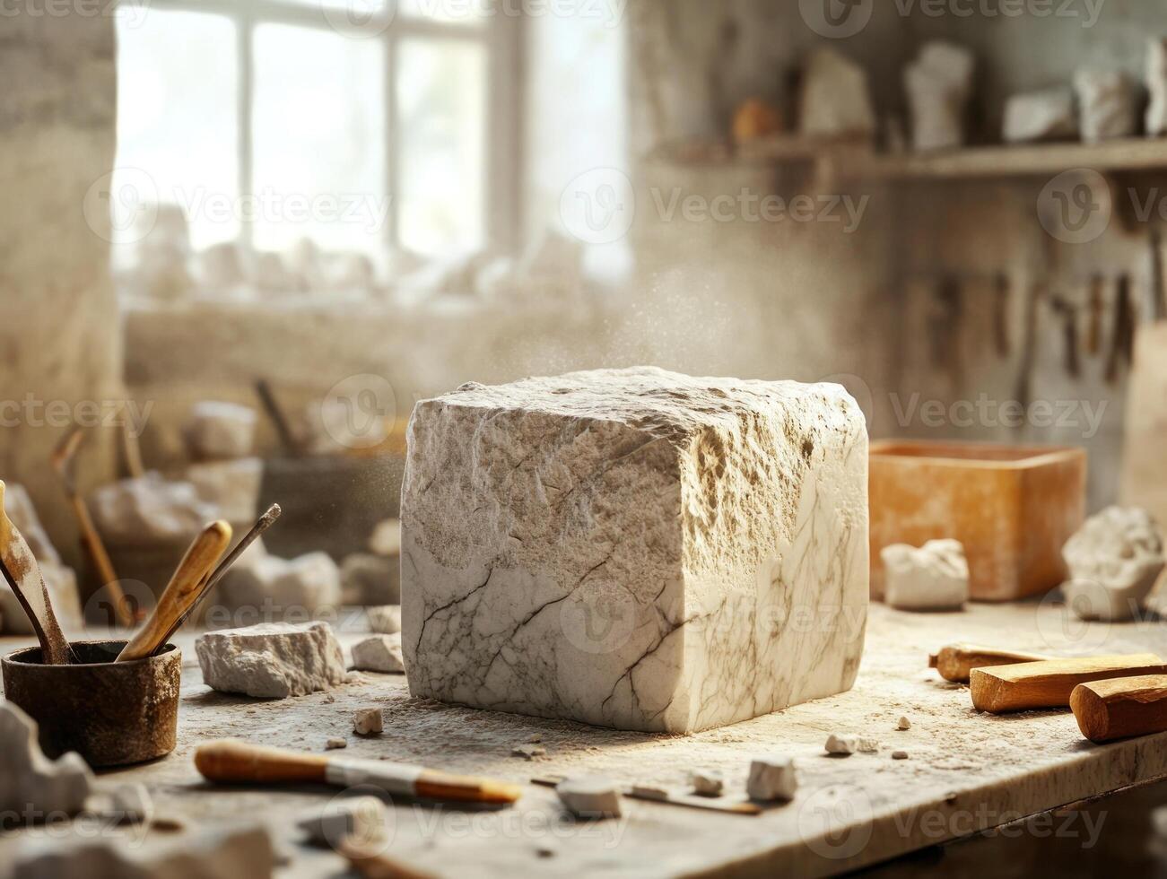 Sculptors workshop with marble block being chiseled. Art and craftsmanship in progress photo