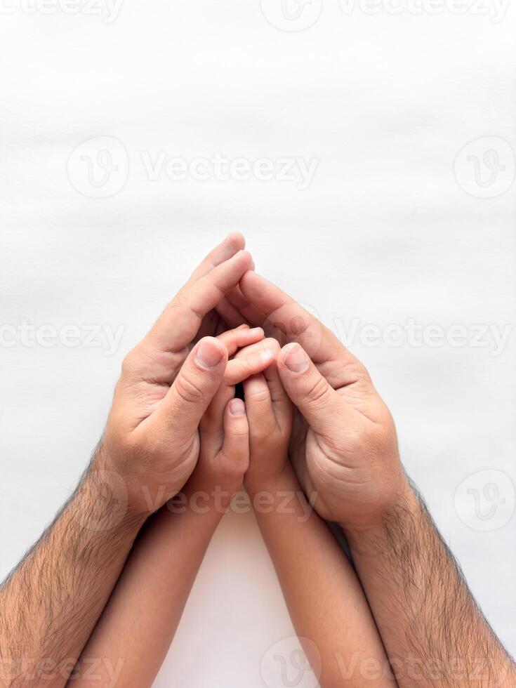 Father and child hands in a protective gesture on a white background photo