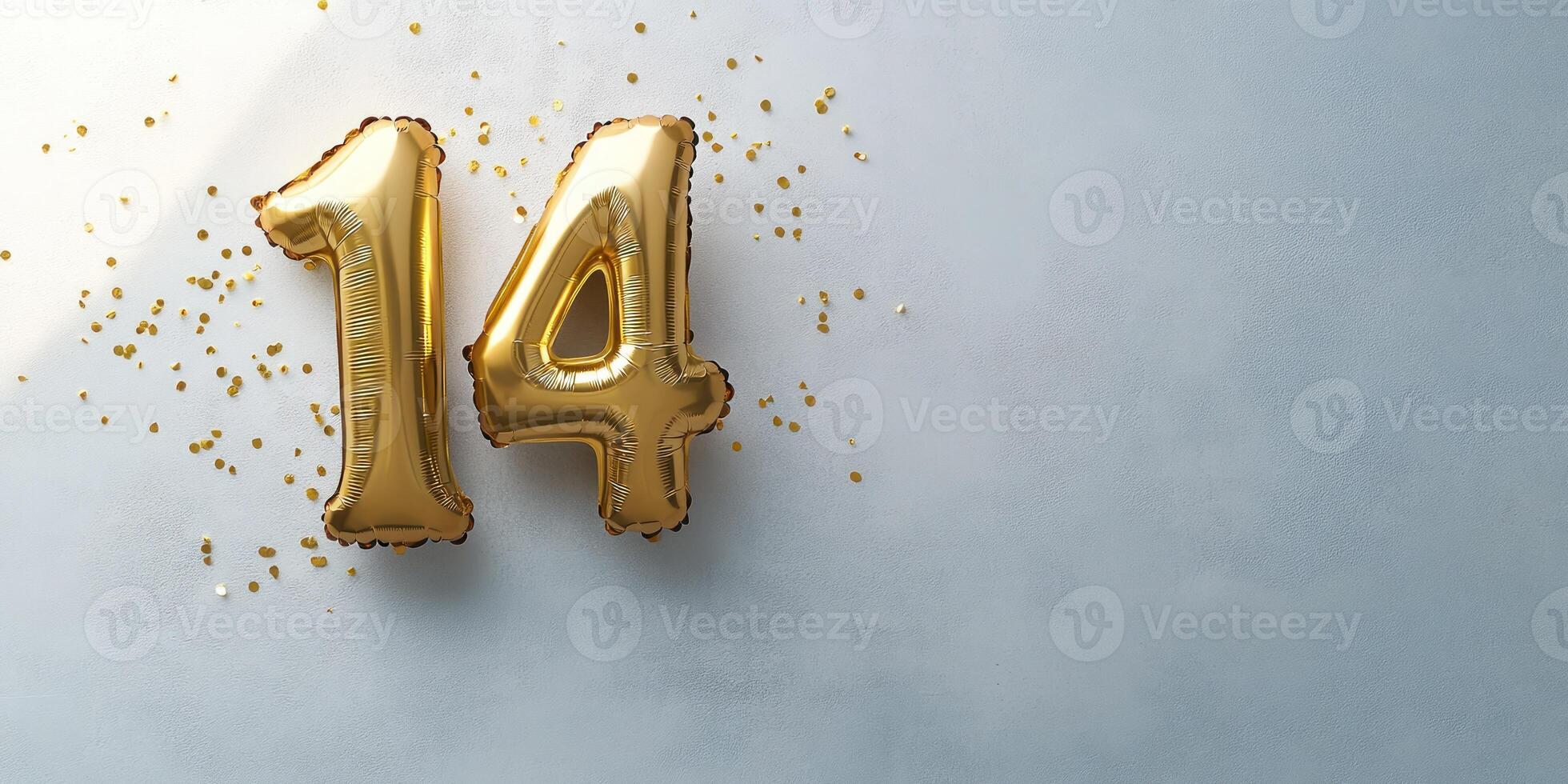 Golden number 14 balloon on white surface for celebrations, anniversaries, and party decorations photo