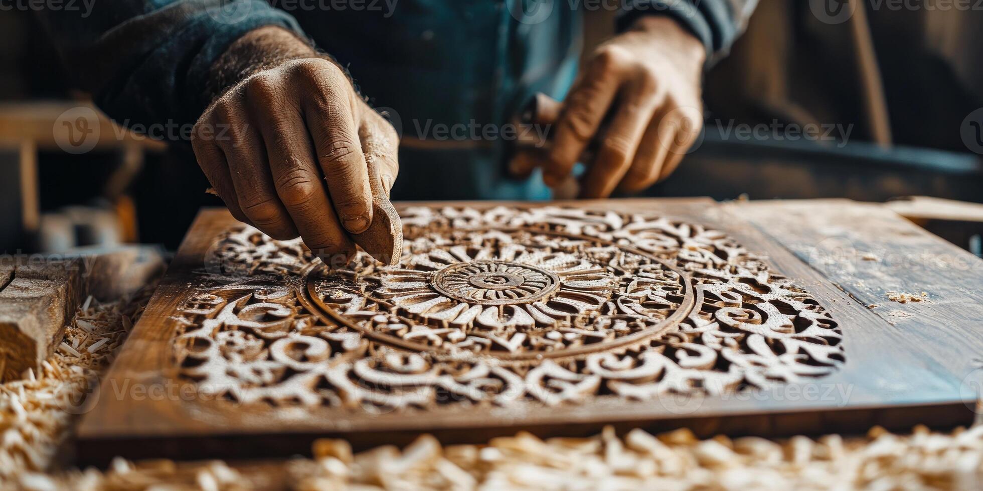 Artisanal woodworking. Skilled carpenter crafting intricate patterns for decorative design photo