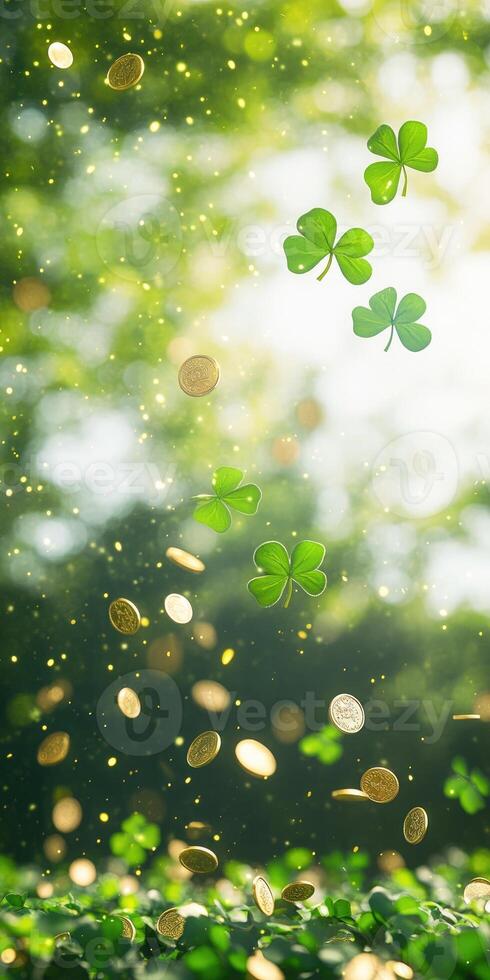 Lucky green shamrocks and coins fall against a soft green gradient background photo