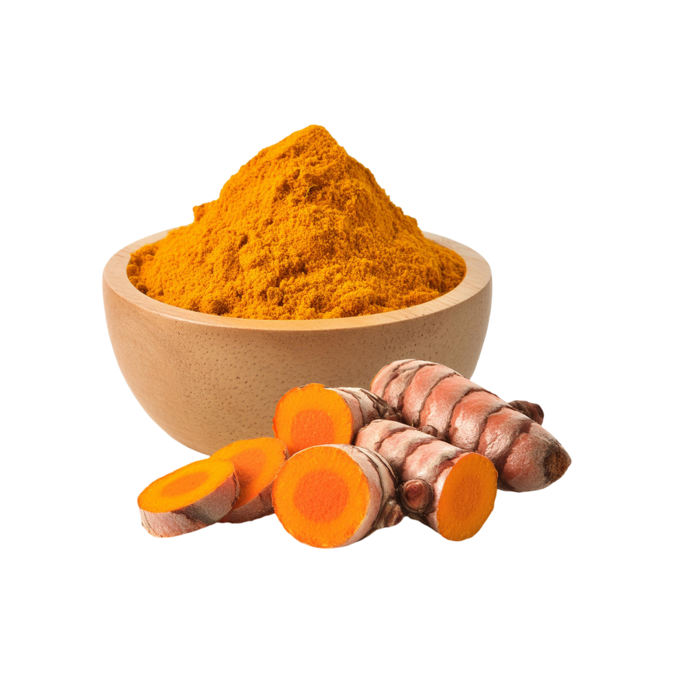 Bowl of turmeric powder on transparent background png
