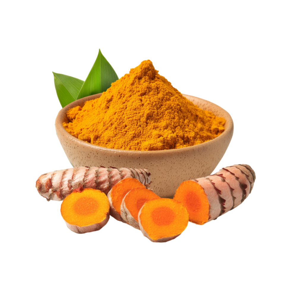 Bowl of Turmeric powder with slices and leaf on transparent background png