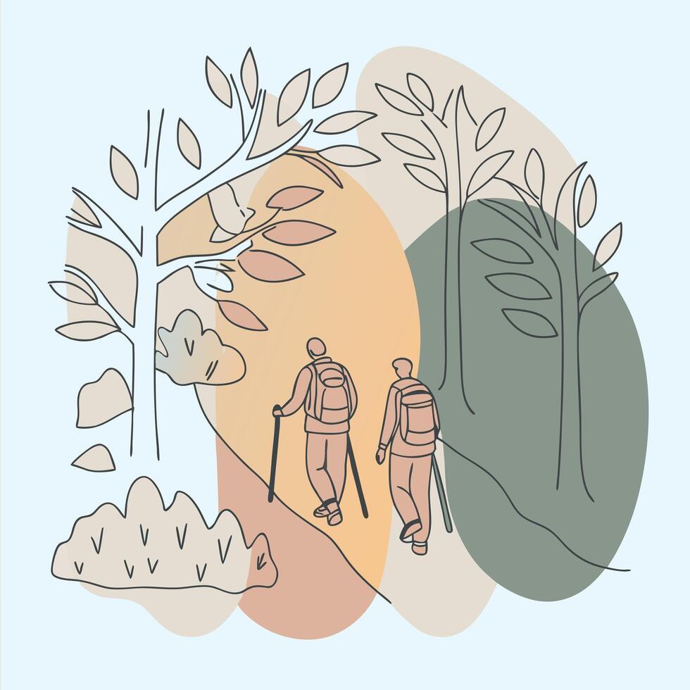 Two people walking through the woods with backpacks vector