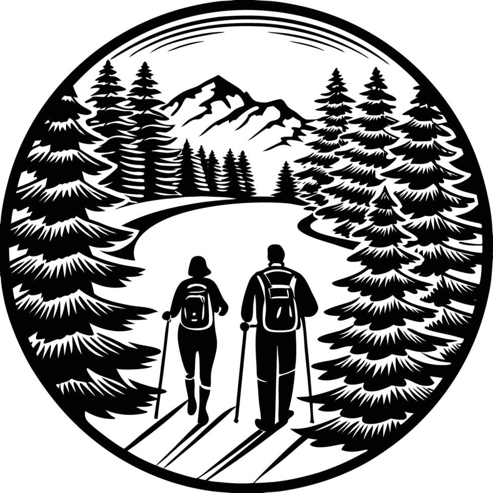 Two people hiking in the woods with trees and mountains in the background vector