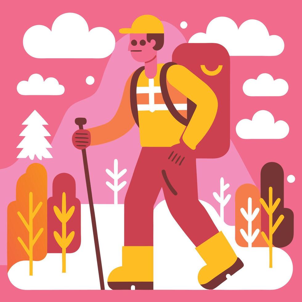 A man with a backpack and ski poles is walking through the woods vector