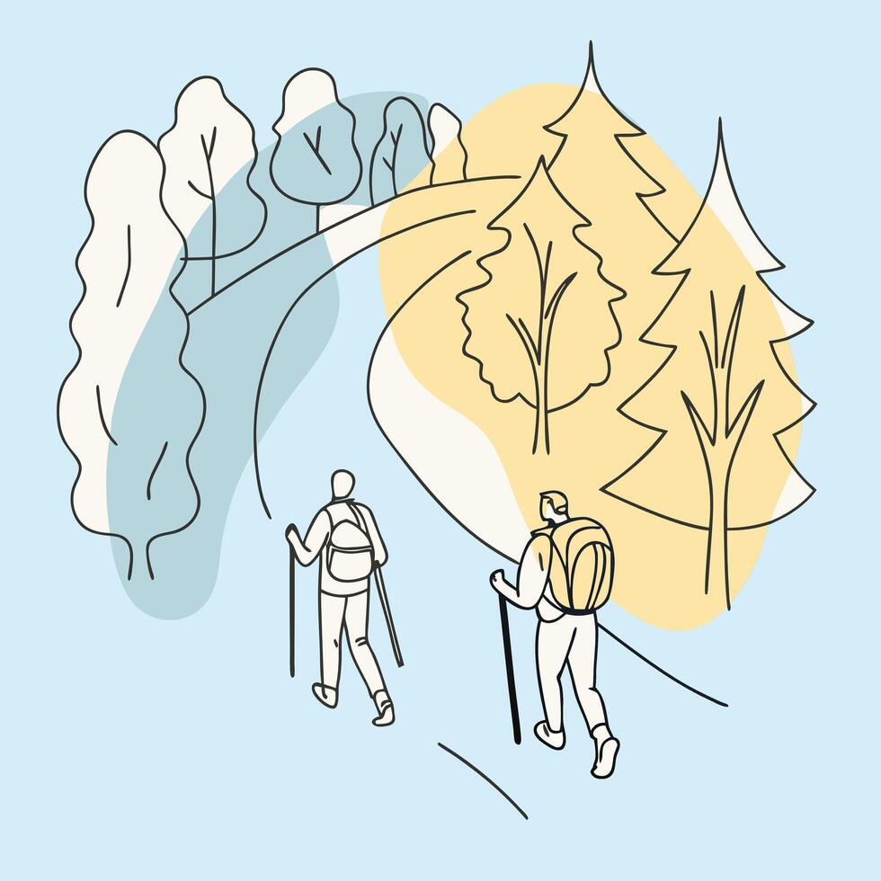 Two people hiking in the woods with backpacks vector