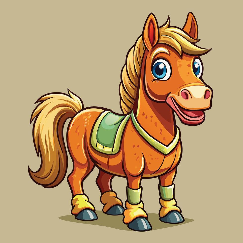 Cartoon horse with a green saddle and a blue tongue vector