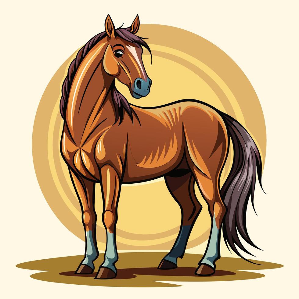 illustration of a brown horse standing in front of a yellow circle vector