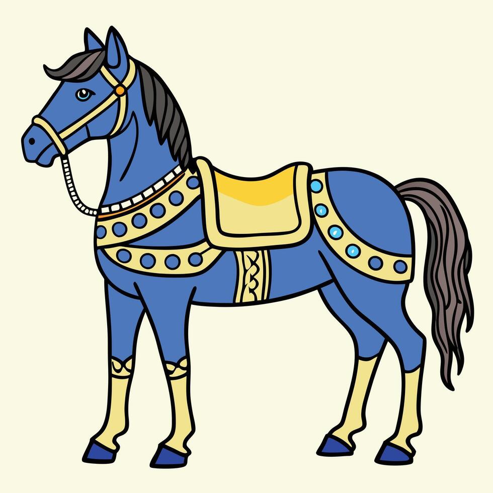 A blue horse with a gold saddle and a gold chain vector