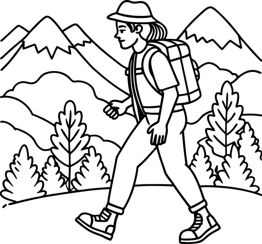 A hiking man with backpack coloring page vector