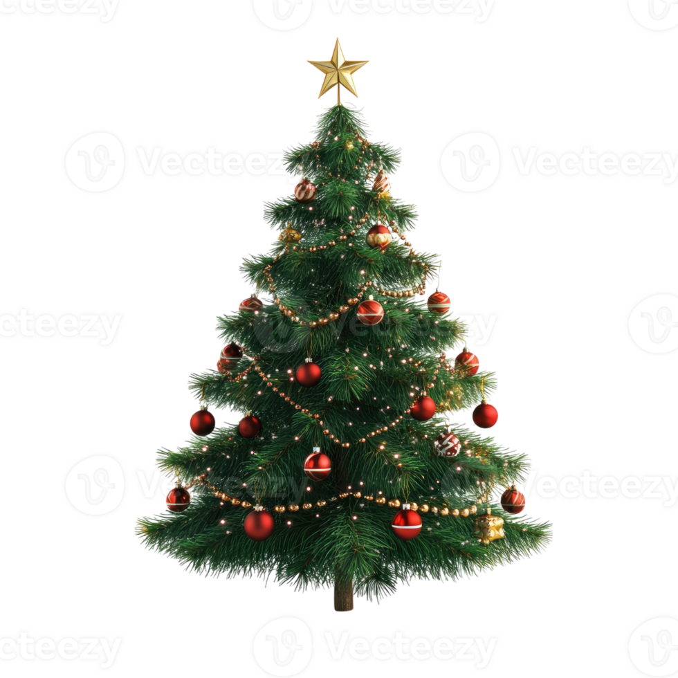 A Christmas tree with ornaments and a star, isolated on a transparent background png