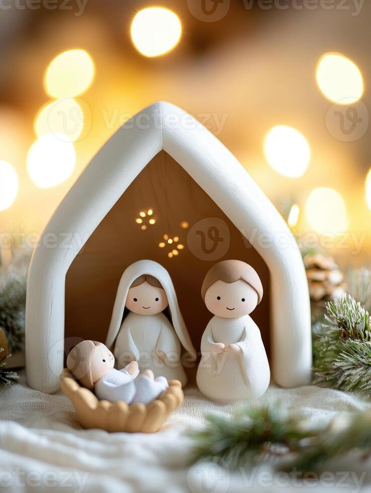 Charming wooden nativity scene with soft toys for Christmas decoration photo