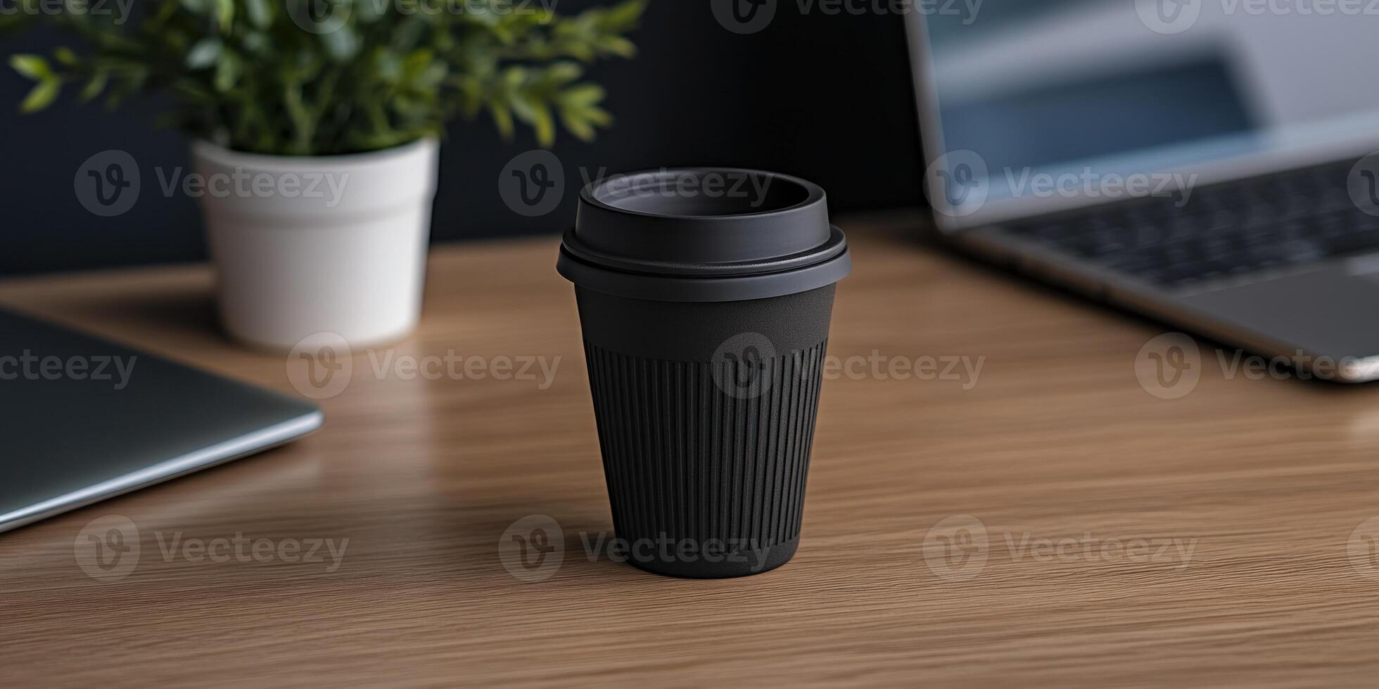 Sustainable travel coffee cup on minimalist wooden desk setting photo