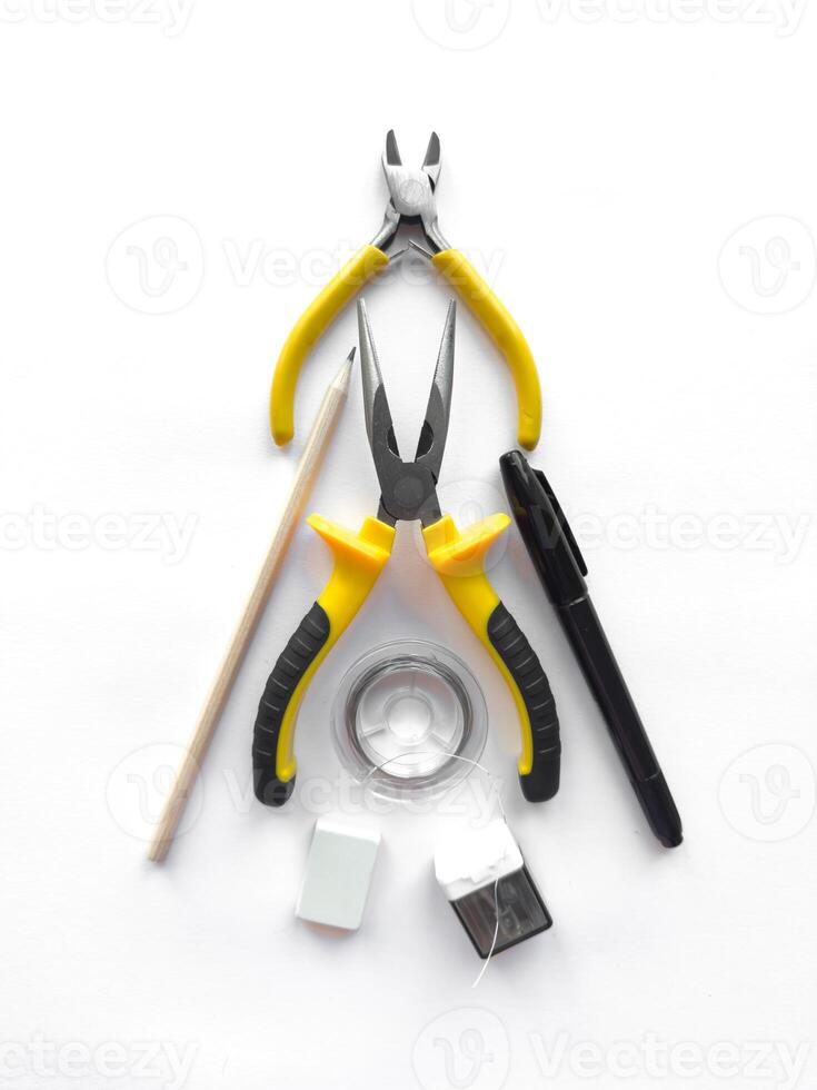 Creative workspace. Tools and supplies arrangement for crafting and diy projects photo