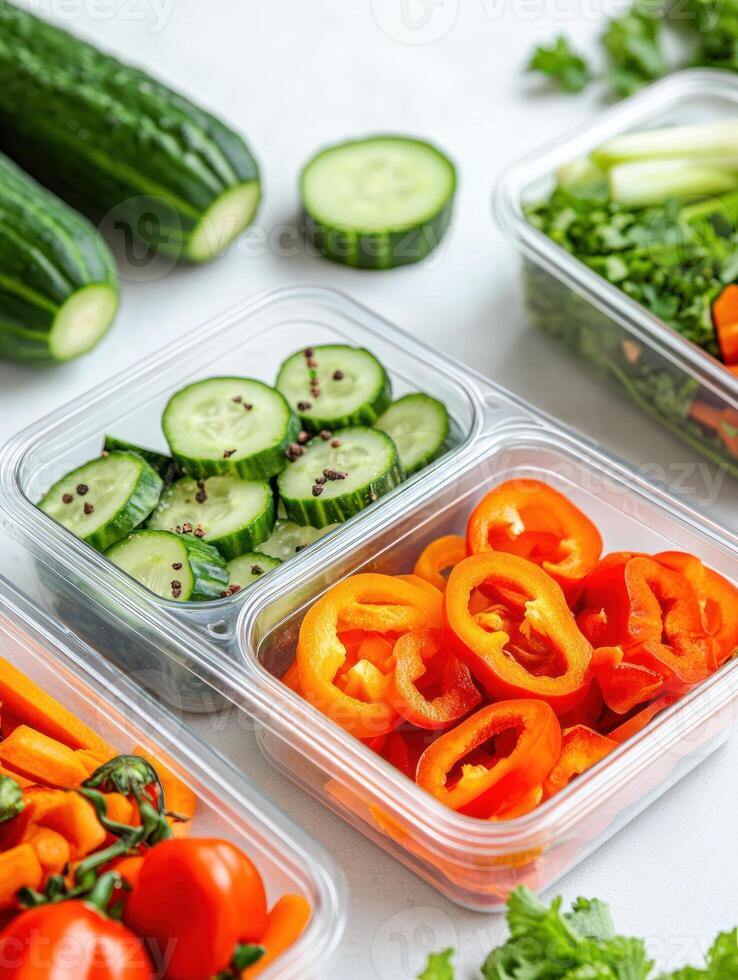 Fresh vegetable assortment in containers with sliced cucumbers, bell peppers, and tomatoes photo