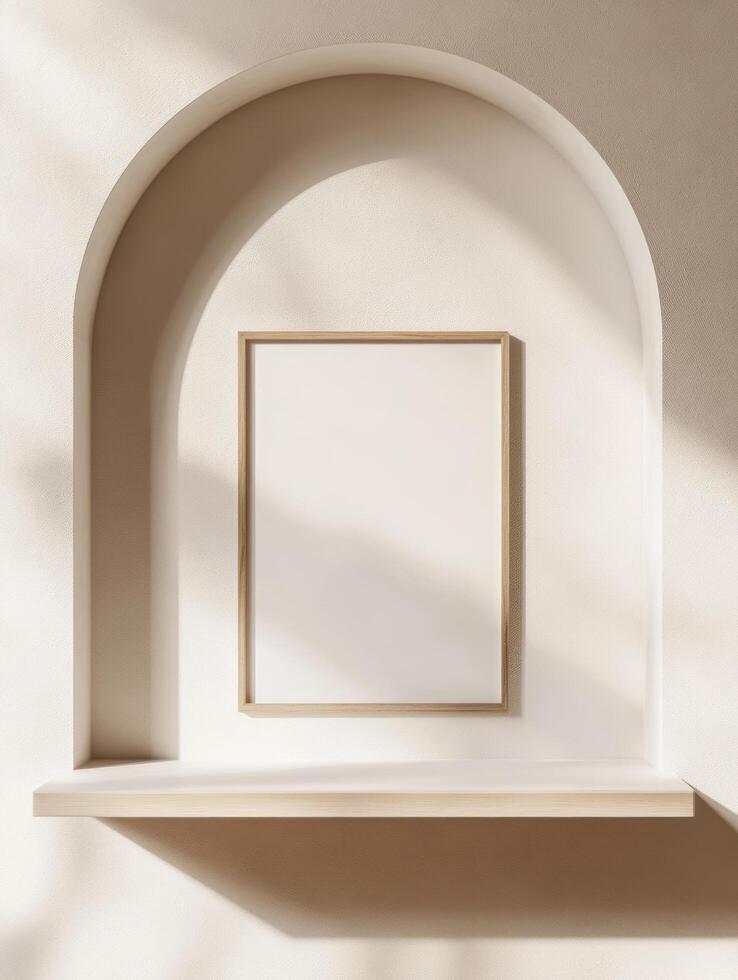 Minimalist wooden frame poster mock up on elegant neutral background for design display photo