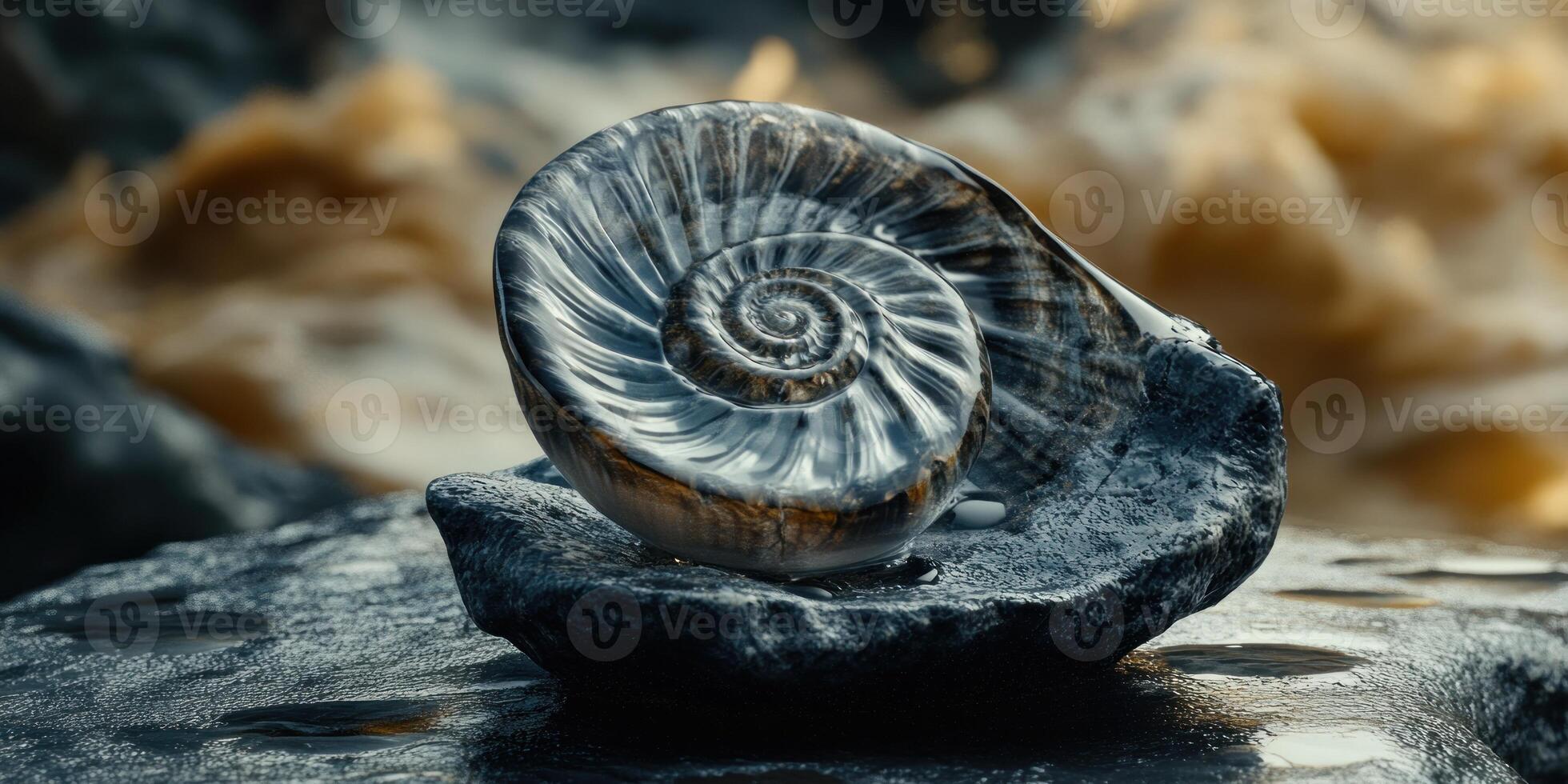 Intricate spiral seashell cross section on rock by the ocean photo