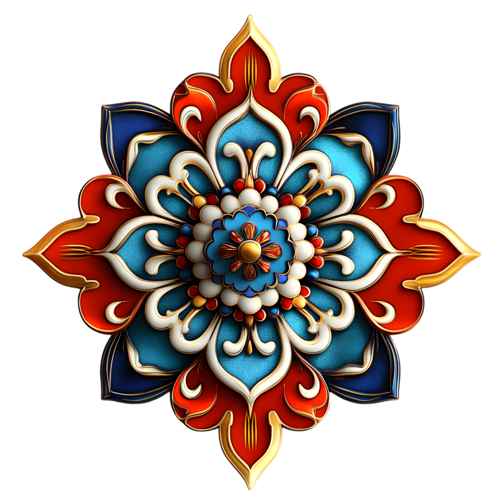 Red and Blue Tibetan Mandala Ornament with Symmetrical Patterns png